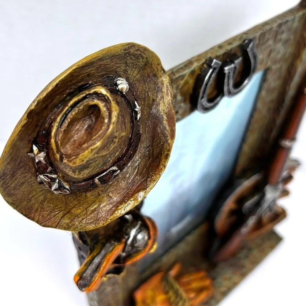 Vtg 90s Western Cowboy Photo Frame 3D Faux Wood Resin Rustic Frontier Americana